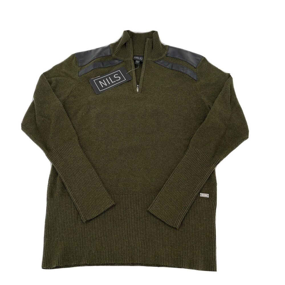 NILS Quarter Zip Pullover Sweater‎ Women Large Green Black Faux Leather Trim